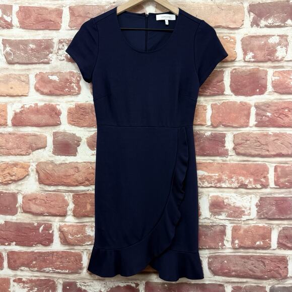Lark & Ro Dress Womens 6 Blue Ruffle Stretchy Casual Career Zip Up Short Sleeves - Picture 1 of 8